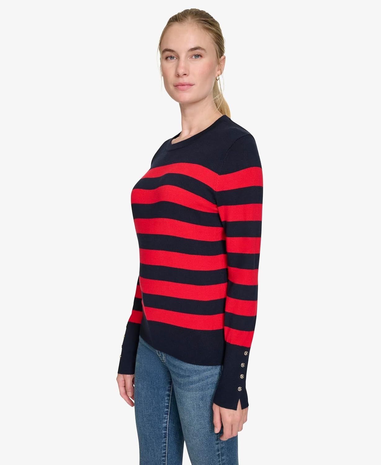 image:imageNautica Womens Crewneck Stripe Long Sleeve Crewneck SweaterNight Sky Regatta Red