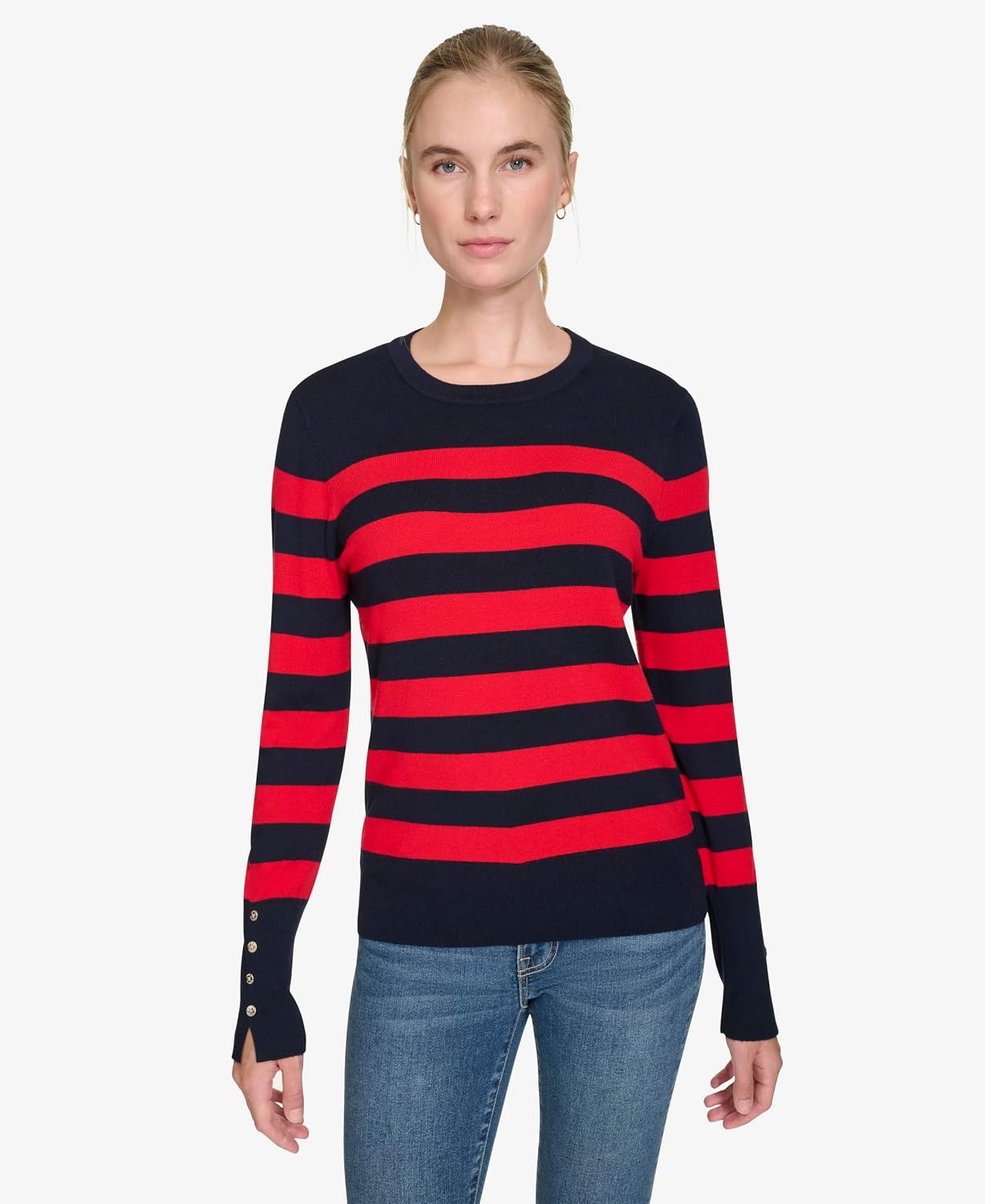 image:imageNautica Womens Crewneck Stripe Long Sleeve Crewneck SweaterNight Sky Regatta Red