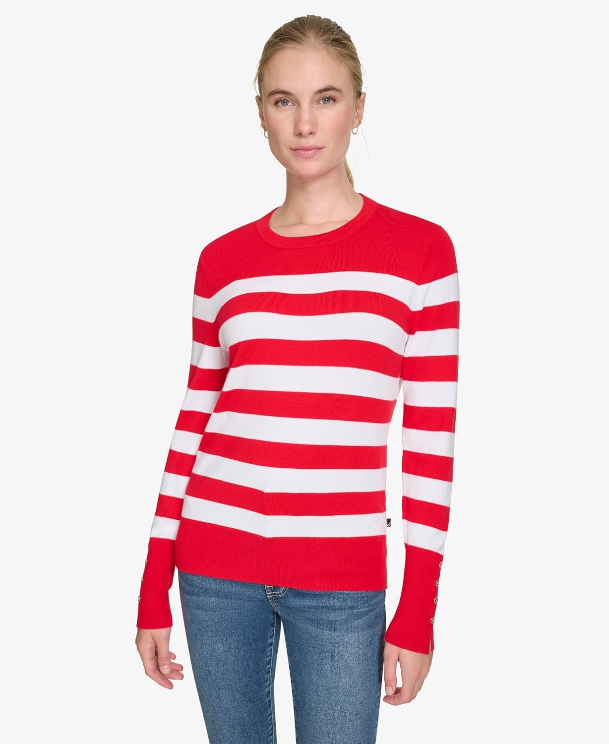 image:imageNautica Womens Crewneck Stripe Long Sleeve Crewneck SweaterRegatta Red Night Sky