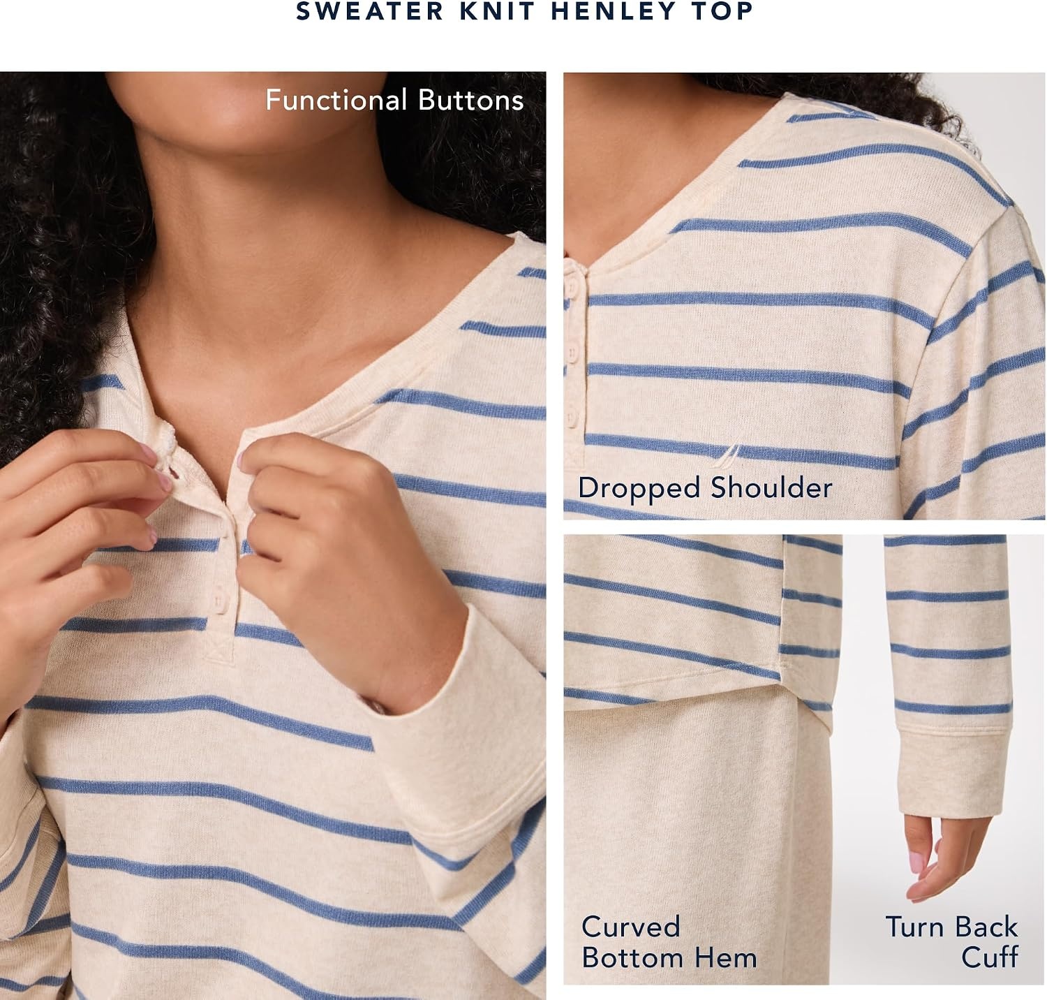 image:imageNautica Womens Henley Pajama Top UltraSoft amp Lightweight Long Sleeve Lounge Shirt Sweater Knit Sleepwear amp LoungewearBlue Stripe