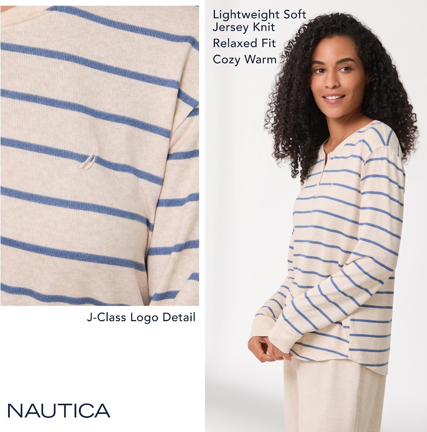image:imageNautica Womens Henley Pajama Top UltraSoft amp Lightweight Long Sleeve Lounge Shirt Sweater Knit Sleepwear amp LoungewearOatmeal Stripe