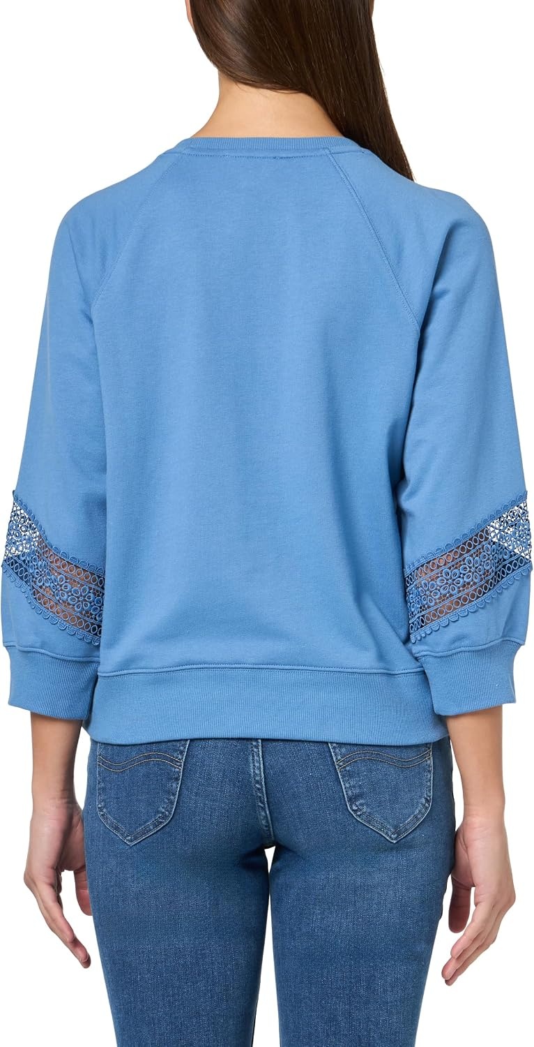 image:imageNautica Womens Lace Sleeve Patch Shoulder Pleats Crewneck Soft Lace Placement SweatshirtBlue Haze