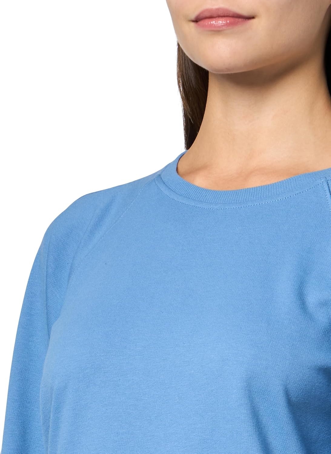 image:imageNautica Womens Lace Sleeve Patch Shoulder Pleats Crewneck Soft Lace Placement SweatshirtBlue Haze