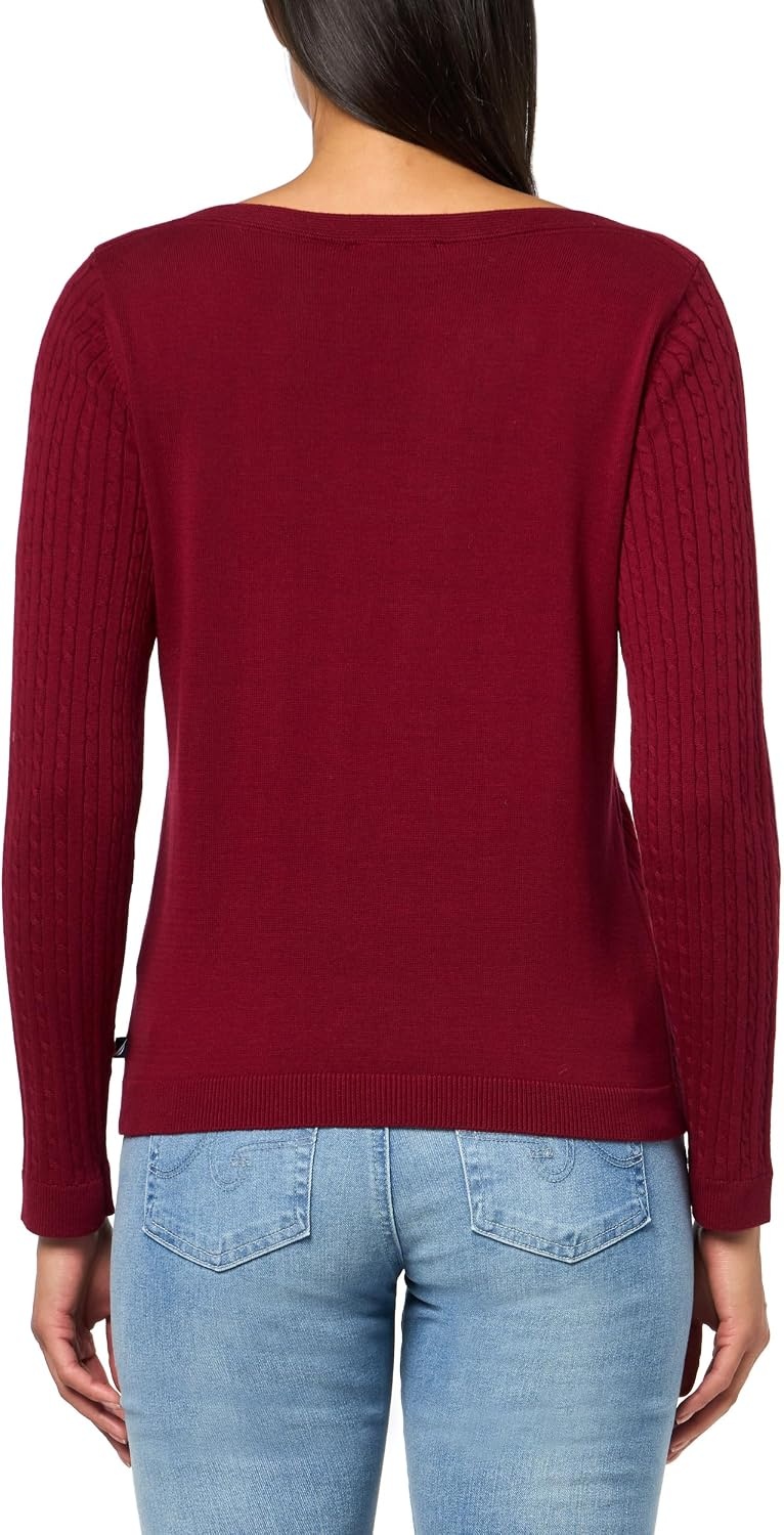 image:imageNautica Womens Long Sleeve Cable Boatneck SweaterDeep Rouge