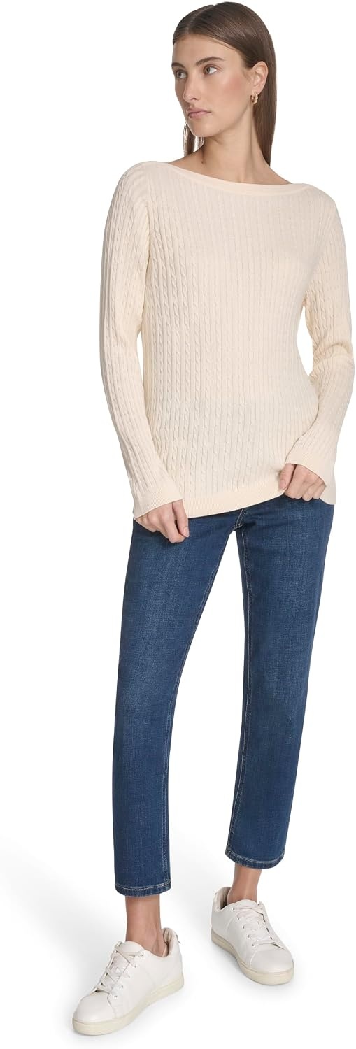 image:imageNautica Womens Long Sleeve Cable Boatneck SweaterWhite Swan