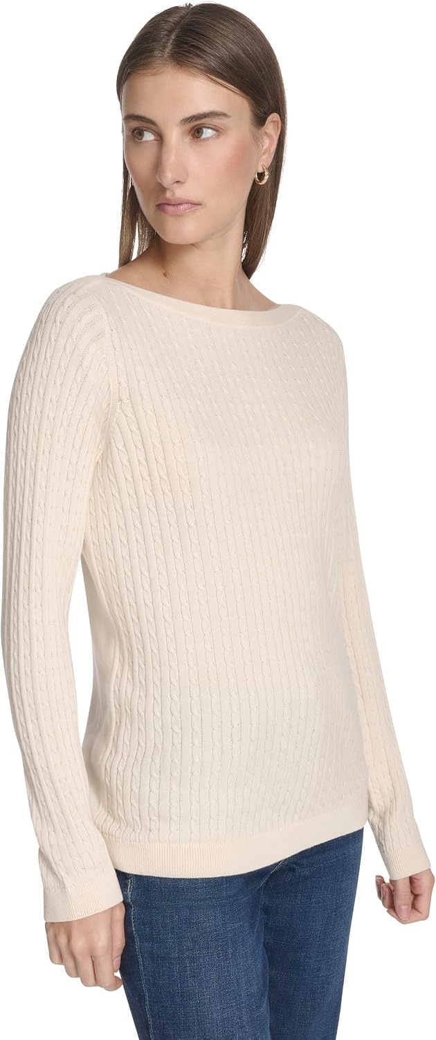 image:imageNautica Womens Long Sleeve Cable Boatneck SweaterWhite Swan
