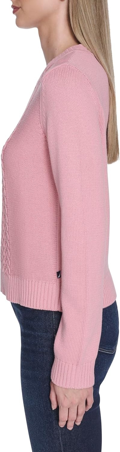 image:imageNautica Womens Long Sleeve Cable Crewneck SweaterBridal Rose