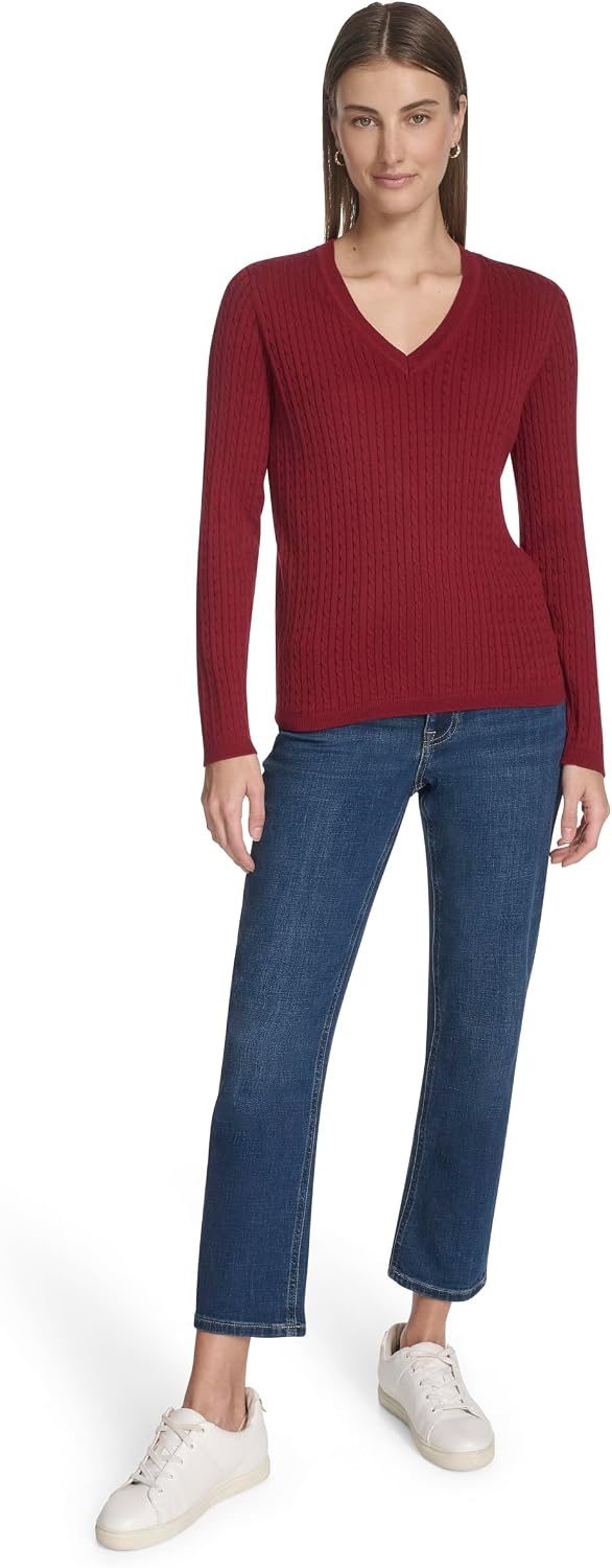 image:imageNautica Womens Long Sleeve Cable VNeck SweaterDeep Rouge