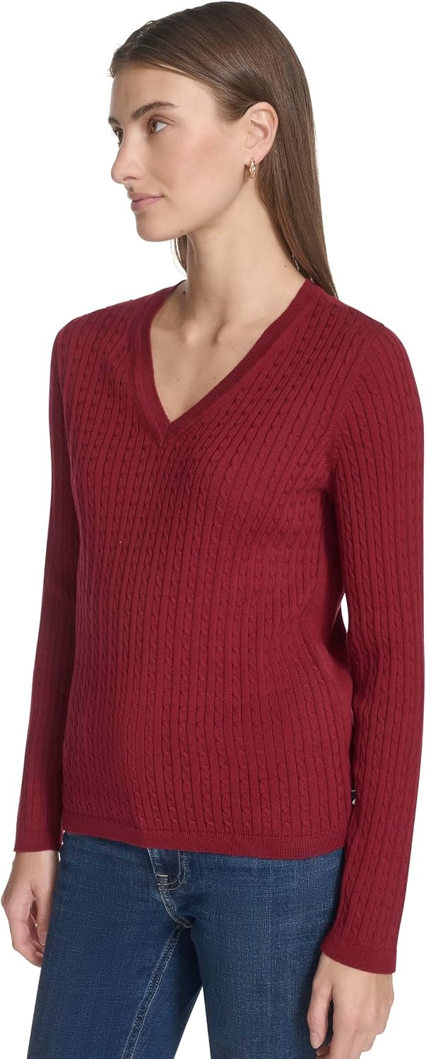 image:imageNautica Womens Long Sleeve Cable VNeck SweaterDeep Rouge