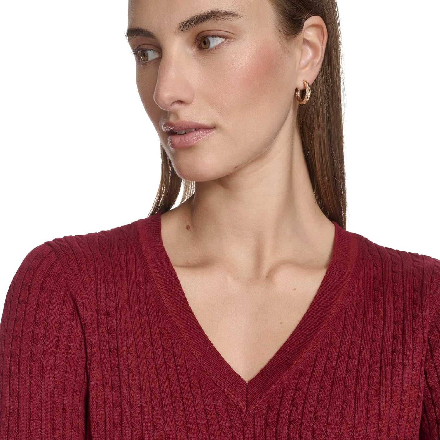 image:imageNautica Womens Long Sleeve Cable VNeck SweaterDeep Rouge