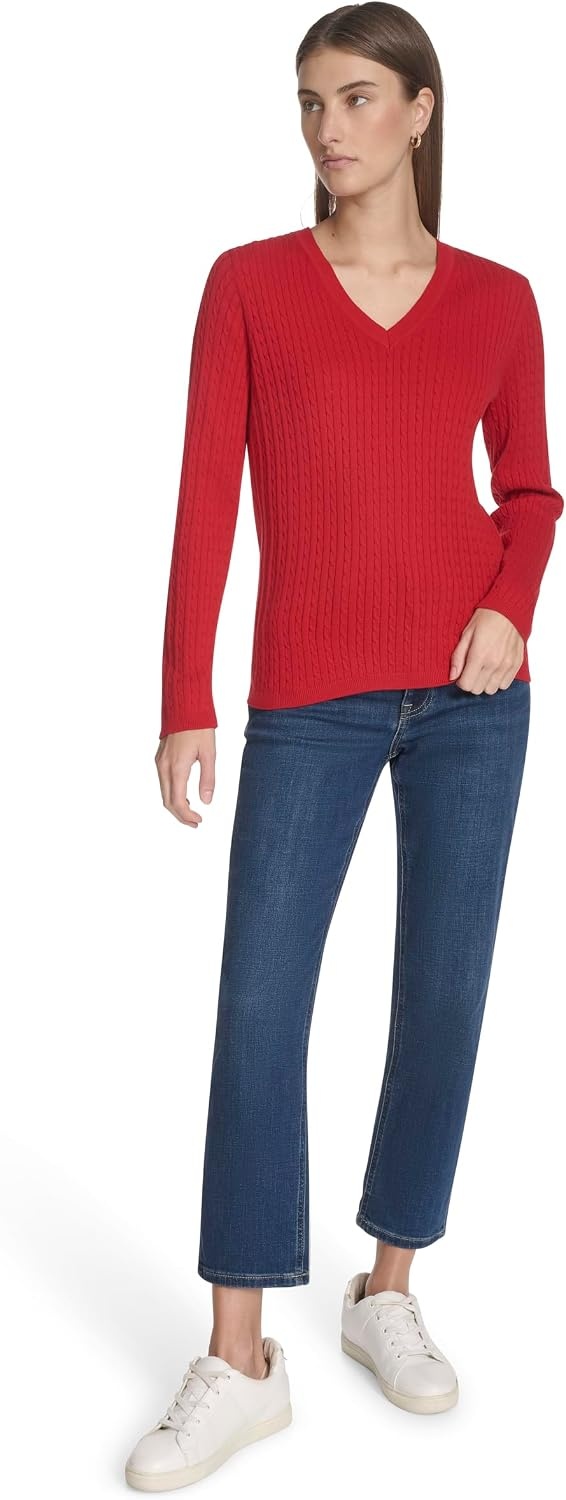 image:imageNautica Womens Long Sleeve Cable VNeck SweaterHaute Red