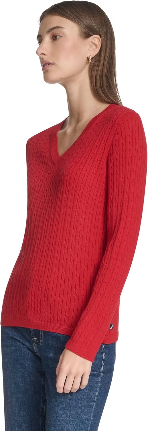 image:imageNautica Womens Long Sleeve Cable VNeck SweaterHaute Red