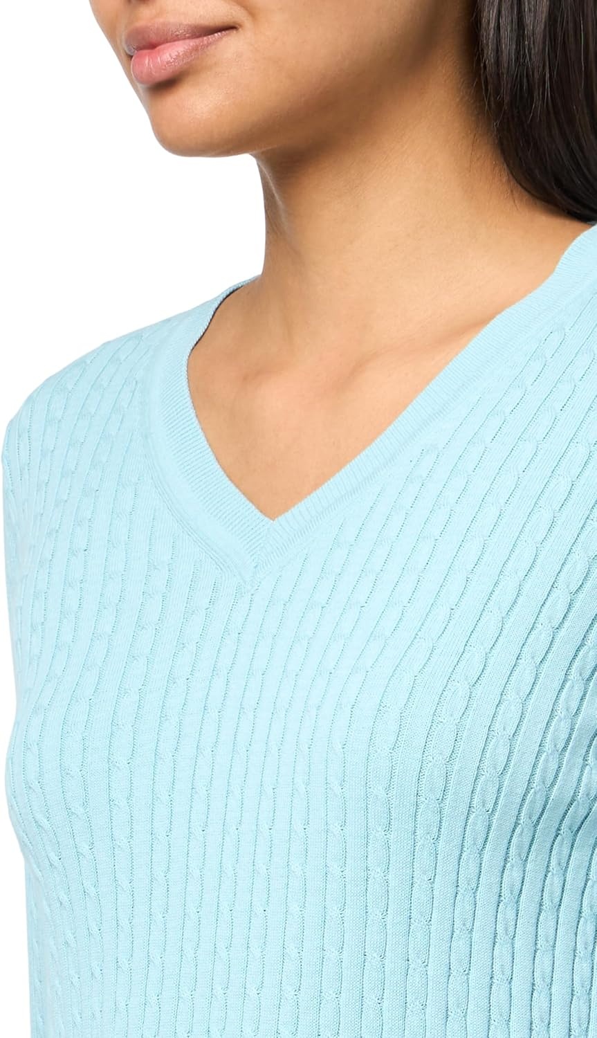 image:imageNautica Womens Long Sleeve Cable VNeck SweaterPorcelain Blue