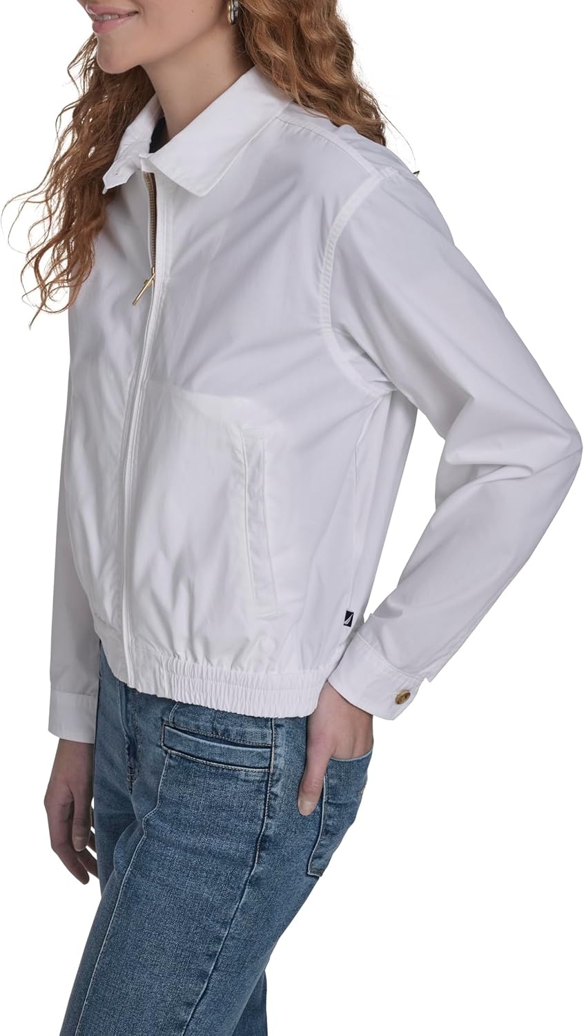 image:imageNautica Womens Long Sleeve Cotton Collared Zip Front JacketBright White