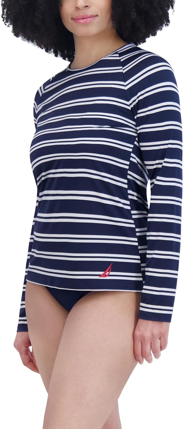 image:imageNautica Womens Long Sleeve Rashguard QuickDry UPF Protection Swim Shirt Pool Beach Hiking Yoga VolleyballBlue White