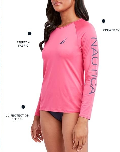image:imageNautica Womens Long Sleeve Rashguard QuickDry UPF Protection Swim Shirt Pool Beach Hiking Yoga VolleyballCloudy