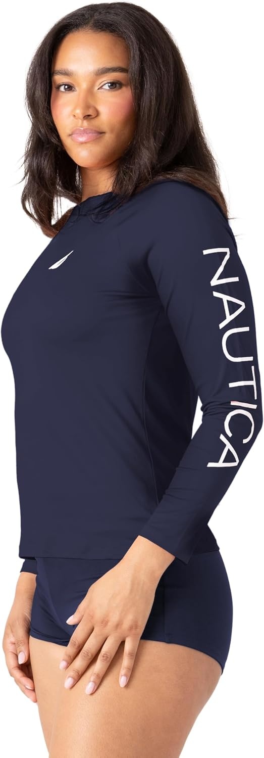 image:imageNautica Womens Long Sleeve Rashguard QuickDry UPF Protection Swim Shirt Pool Beach Hiking Yoga VolleyballNavy Sea