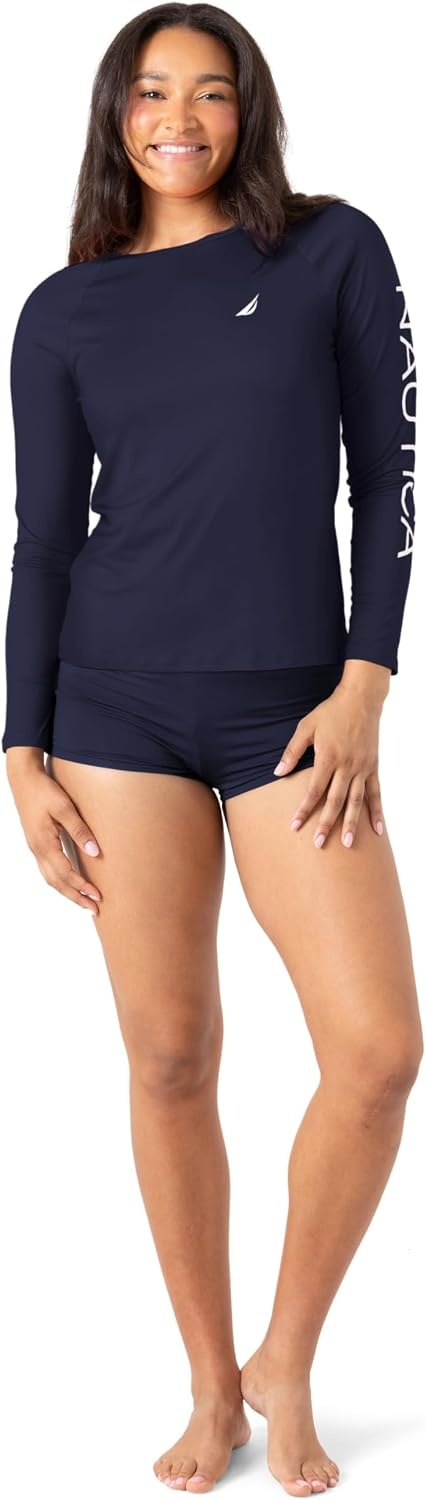 image:imageNautica Womens Long Sleeve Rashguard QuickDry UPF Protection Swim Shirt Pool Beach Hiking Yoga VolleyballNavy Sea
