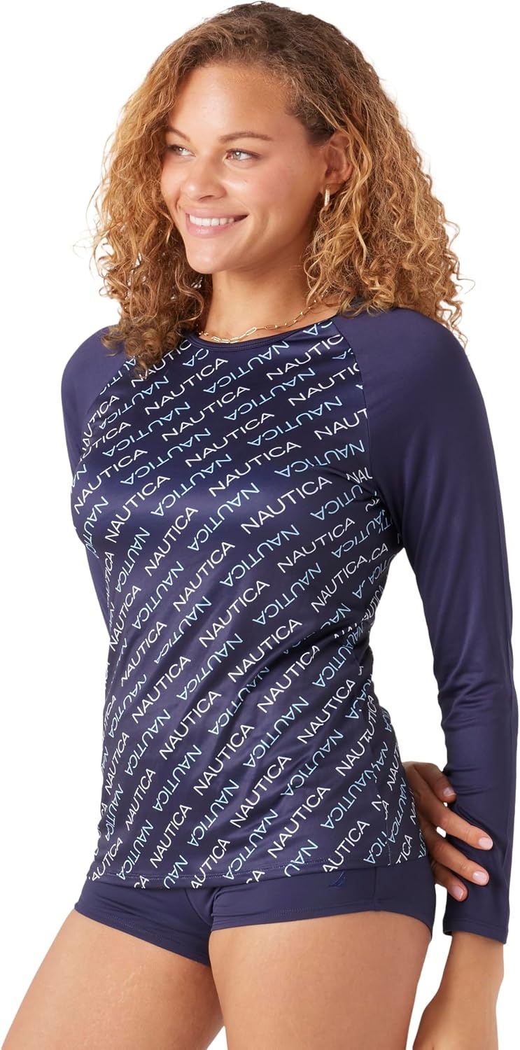 image:imageNautica Womens Long Sleeve Rashguard QuickDry UPF Protection Swim Shirt Pool Beach Hiking Yoga VolleyballOcean