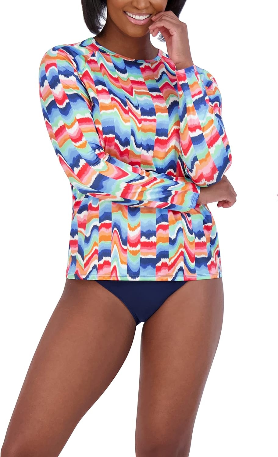 image:imageNautica Womens Long Sleeve Rashguard QuickDry UPF Protection Swim Shirt Pool Beach Hiking Yoga VolleyballRainbow