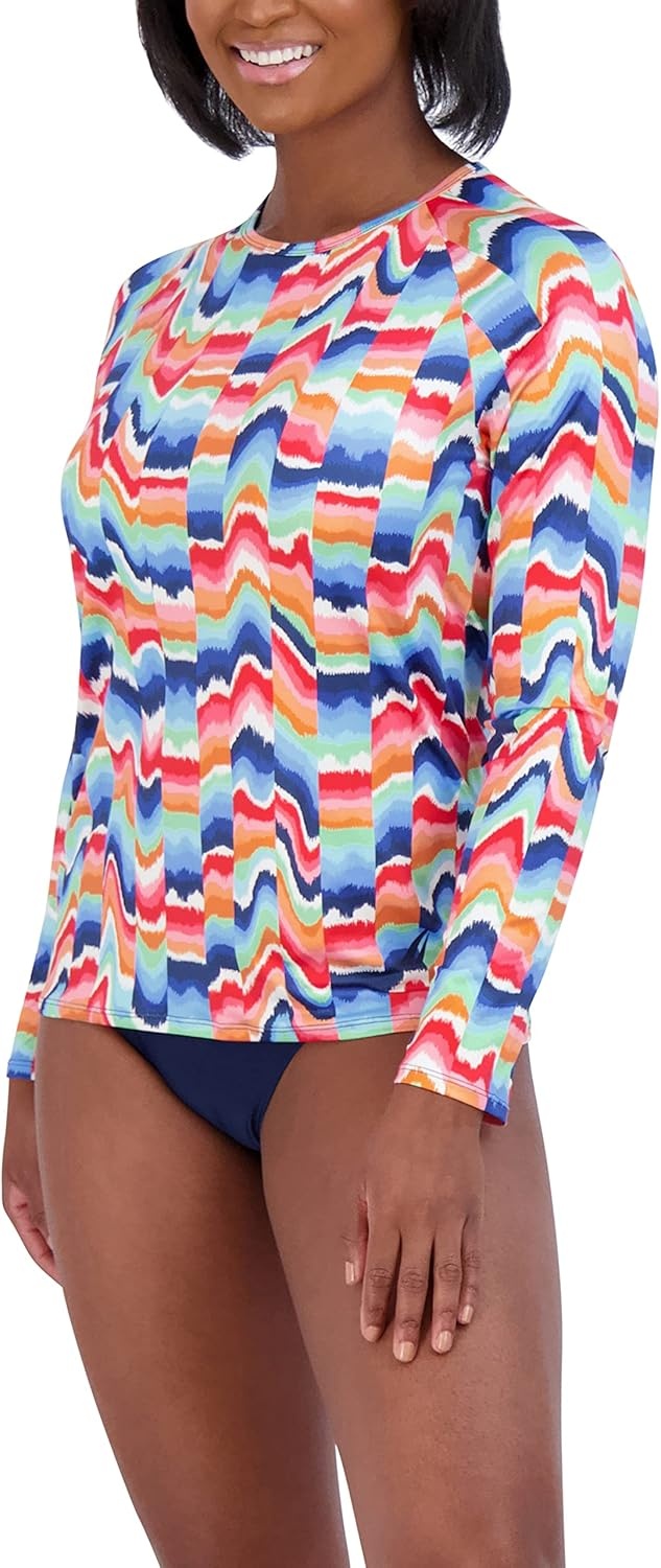 image:imageNautica Womens Long Sleeve Rashguard QuickDry UPF Protection Swim Shirt Pool Beach Hiking Yoga VolleyballRainbow