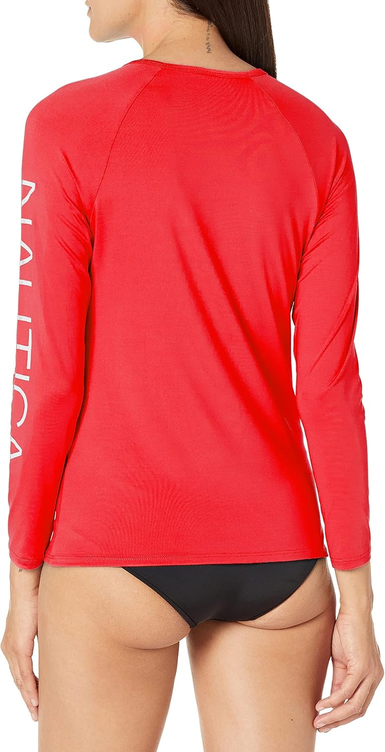 image:imageNautica Womens Long Sleeve Rashguard QuickDry UPF Protection Swim Shirt Pool Beach Hiking Yoga VolleyballRed