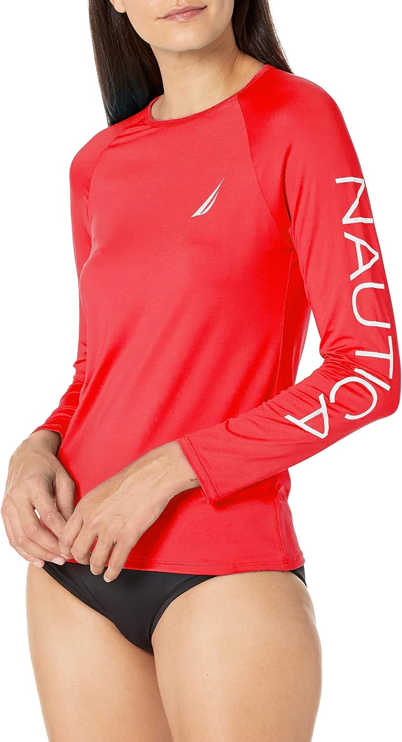 image:imageNautica Womens Long Sleeve Rashguard QuickDry UPF Protection Swim Shirt Pool Beach Hiking Yoga VolleyballRed