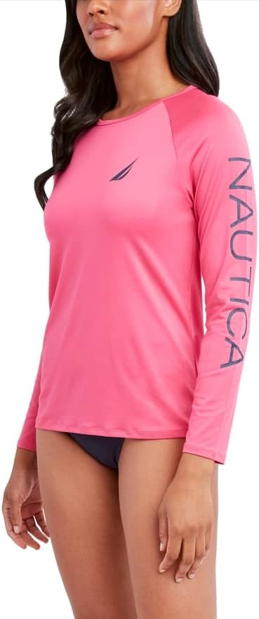 image:imageNautica Womens Long Sleeve Rashguard QuickDry UPF Protection Swim Shirt Pool Beach Hiking Yoga VolleyballSolid Pink