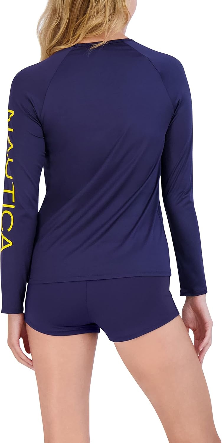 image:imageNautica Womens Long Sleeve Rashguard QuickDry UPF Protection Swim Shirt Pool Beach Hiking Yoga VolleyballSolid Sea