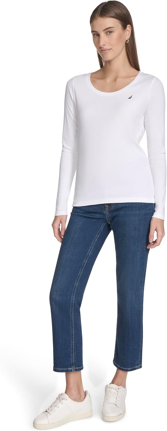 image:imageNautica Womens Long Sleeve Solid Scoop Neck Cotton TShirtBright White