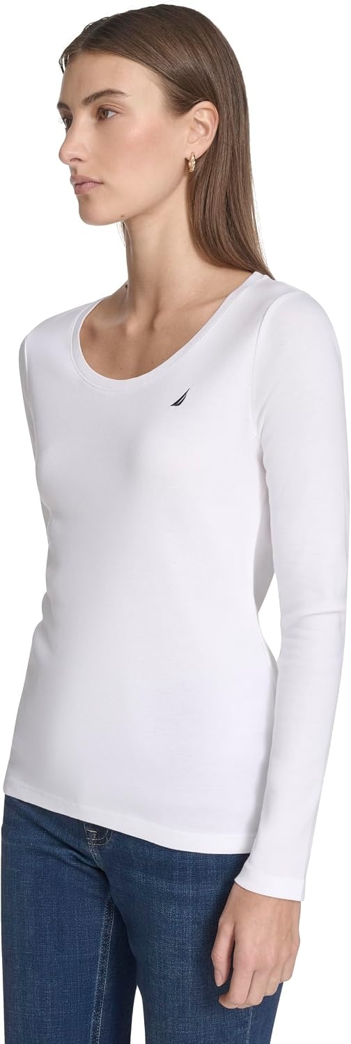 image:imageNautica Womens Long Sleeve Solid Scoop Neck Cotton TShirtBright White