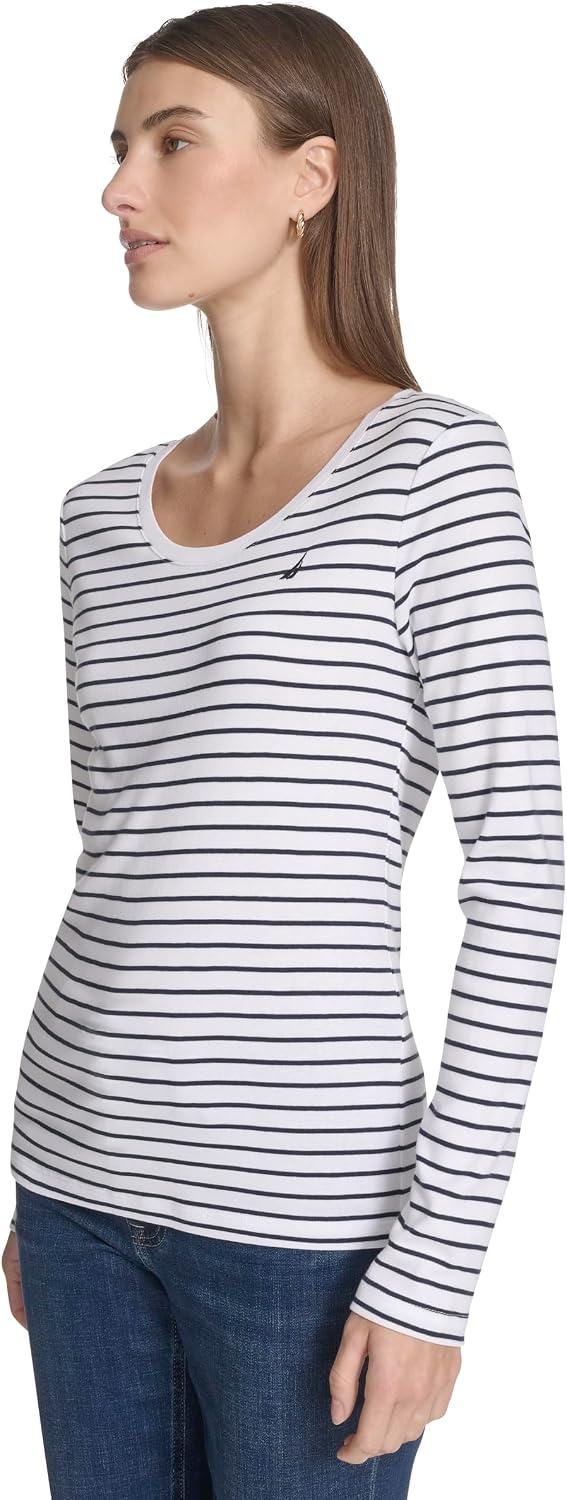 image:imageNautica Womens Long Sleeve Striped Scoop Neck TShirtBright WhiteNight Sky