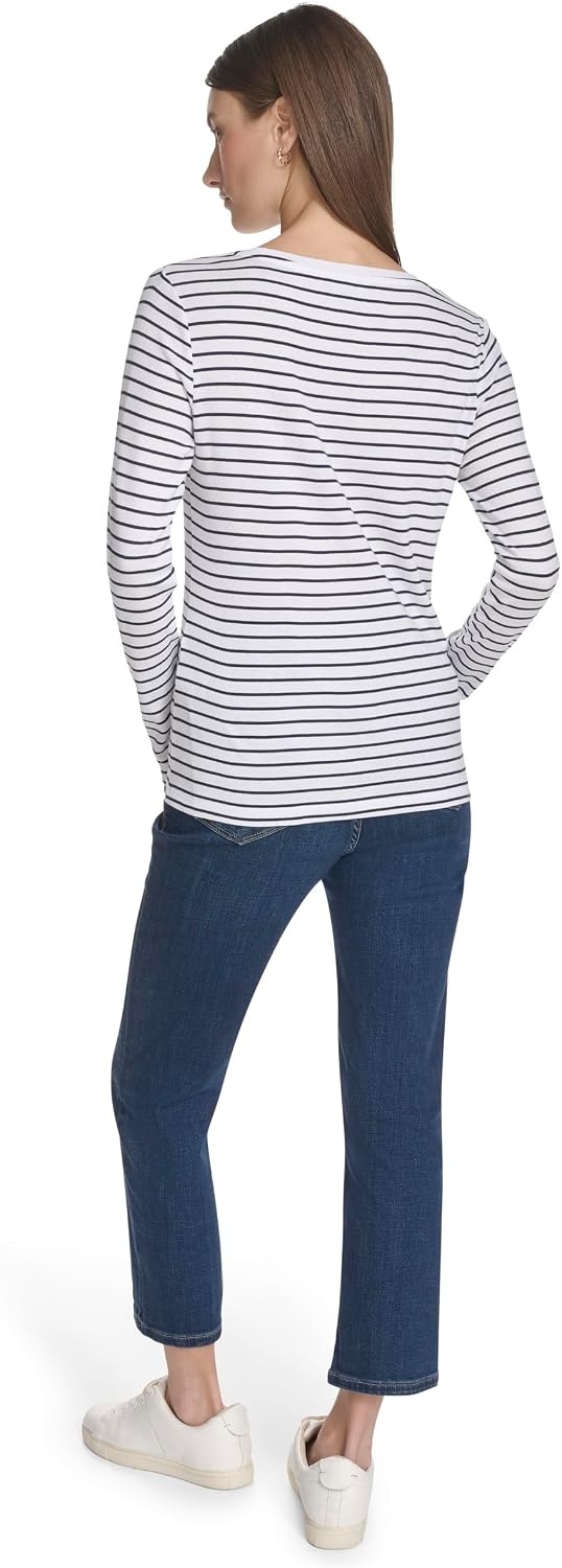 image:imageNautica Womens Long Sleeve Striped Scoop Neck TShirtBright WhiteNight Sky