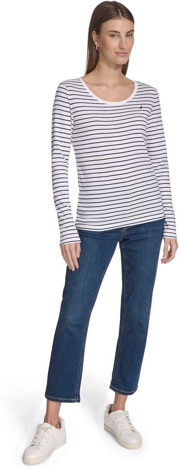 image:imageNautica Womens Long Sleeve Striped Scoop Neck TShirtBright WhiteNight Sky