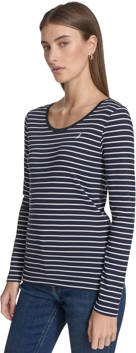 image:imageNautica Womens Long Sleeve Striped Scoop Neck TShirtNight SkyBright White