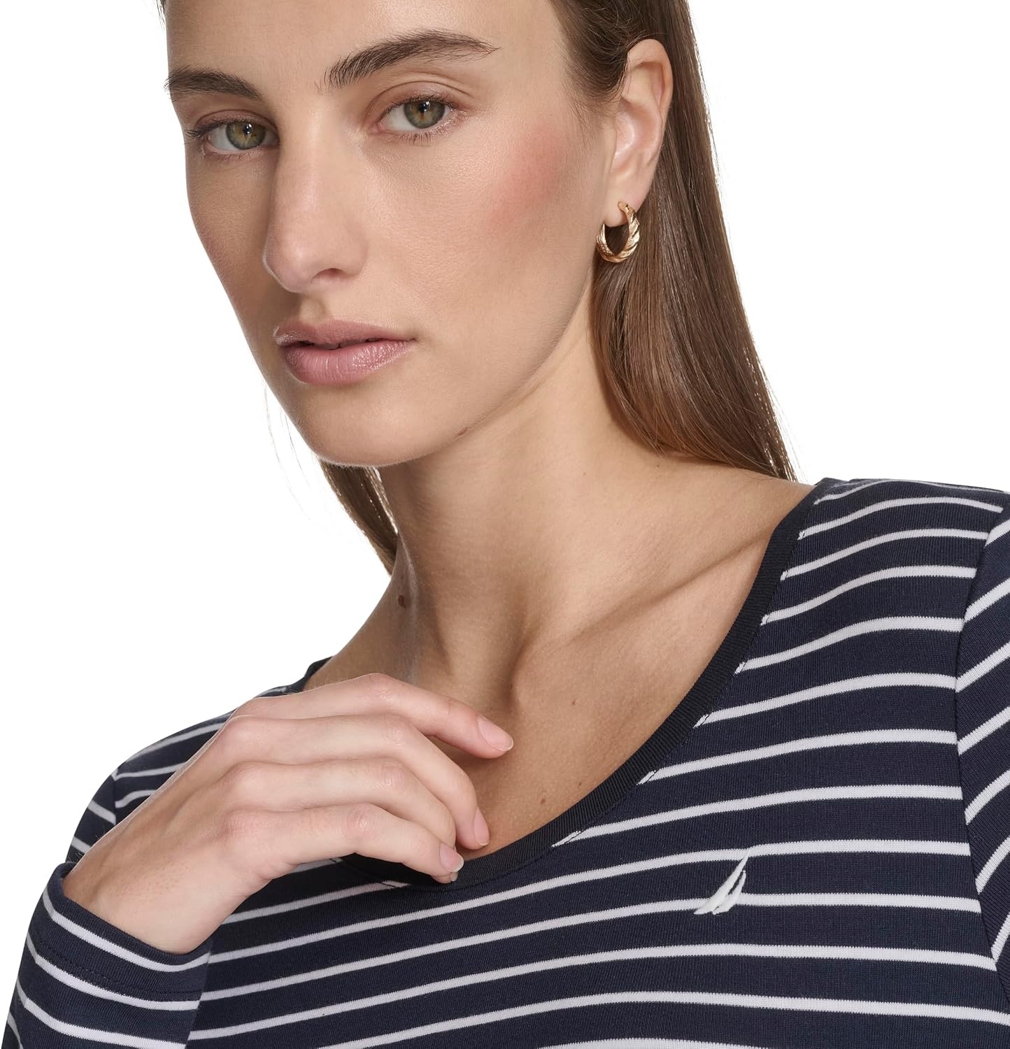 image:imageNautica Womens Long Sleeve Striped Scoop Neck TShirtNight SkyBright White