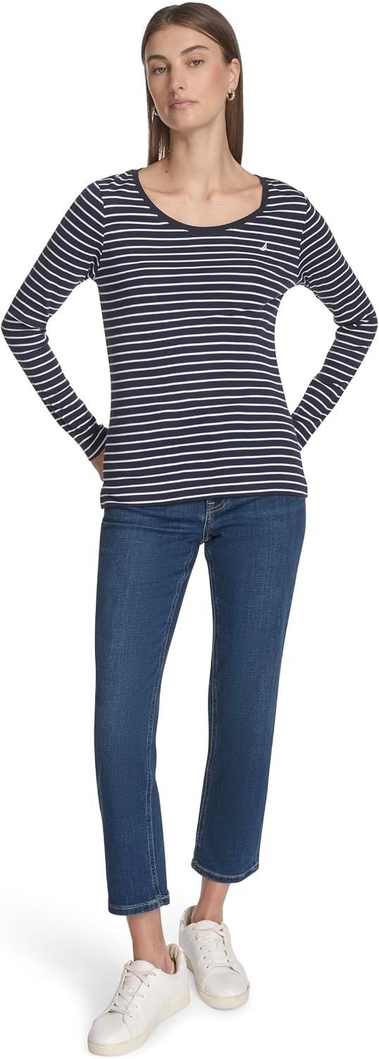 image:imageNautica Womens Long Sleeve Striped Scoop Neck TShirtNight SkyBright White
