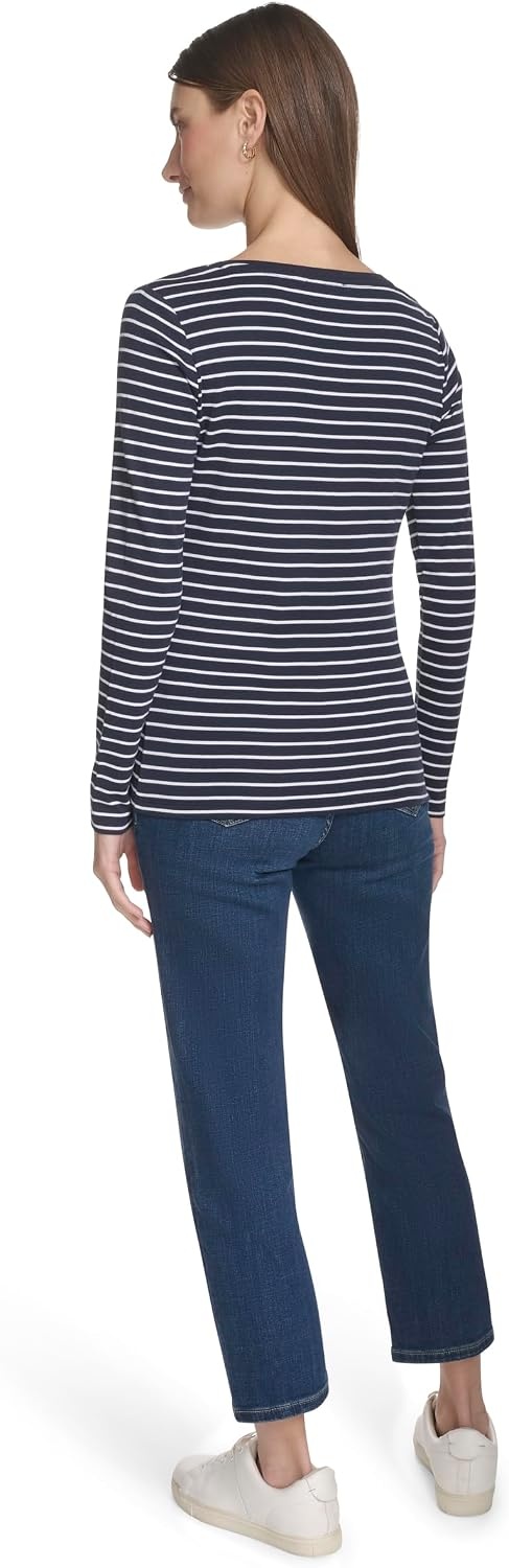 image:imageNautica Womens Long Sleeve Striped Scoop Neck TShirtNight SkyBright White