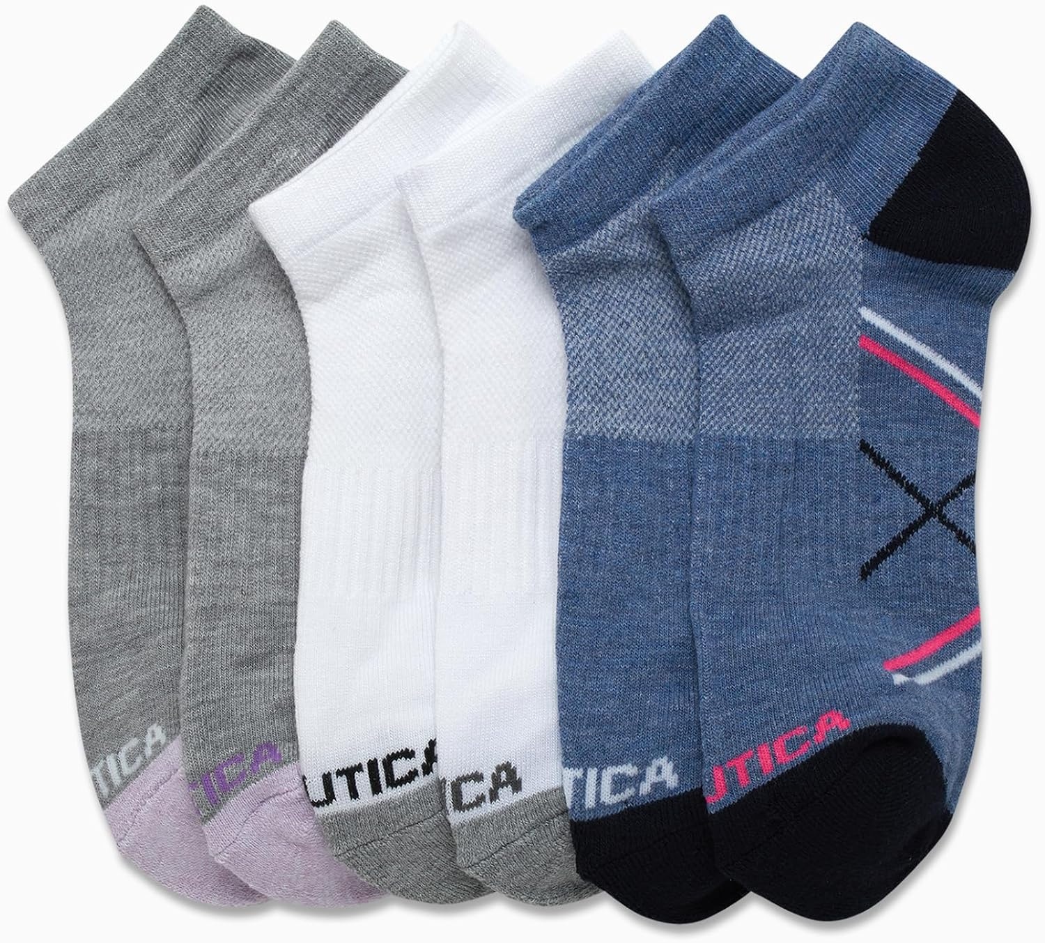 image:imageNautica Womens Low Cut Socks 6 Pack Breathable Mesh Cushioned Athletic Performance No Show Socks for WomenBlueWhiteGrey