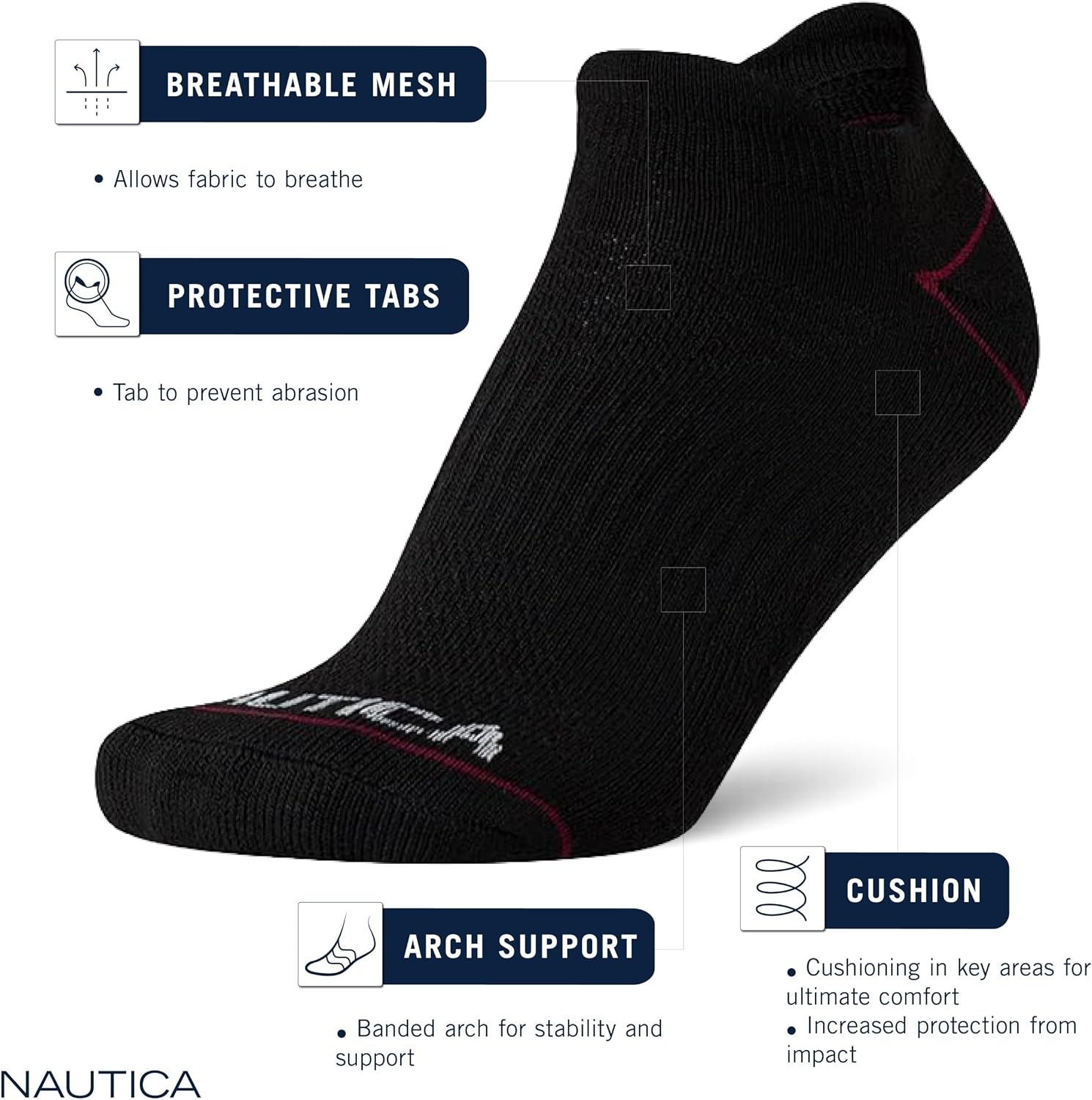 image:imageNautica Womens Low Cut Socks 6 Pack Soft Stretch Breathable Mesh Cushioned Athletic Performance No Show Socks for WomenWhite Pink Tab