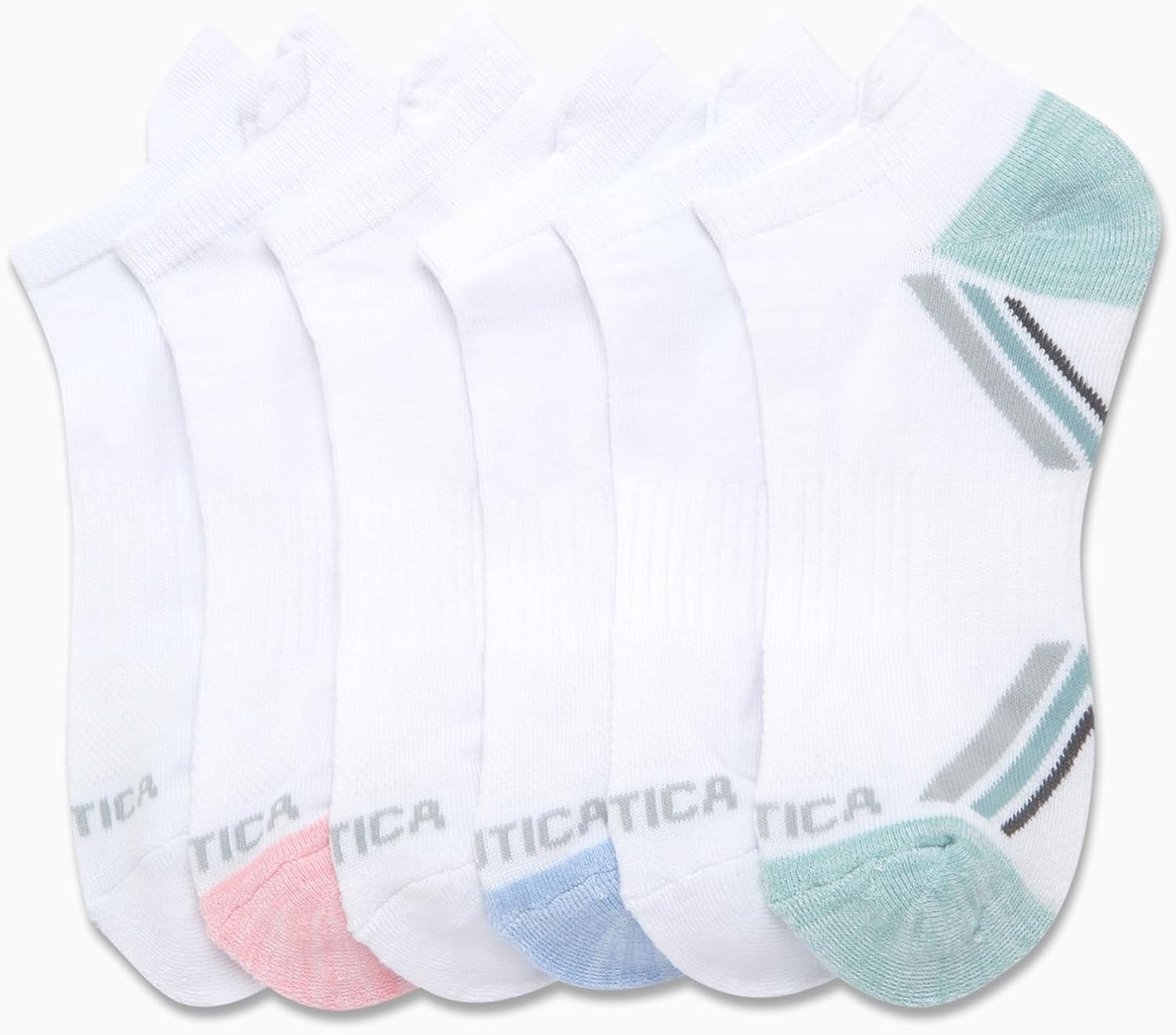 image:imageNautica Womens Low Cut Socks 6 Pack Soft Stretch Breathable Mesh Cushioned Athletic Performance No Show Socks for WomenWhite Pink Tab