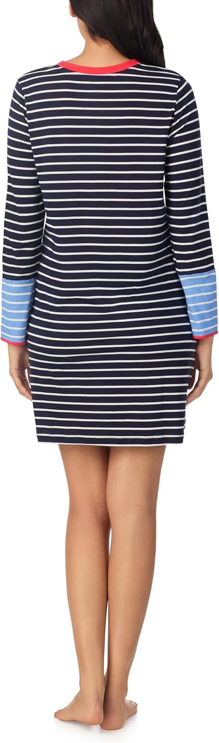image:imageNautica Womens MidThigh Crew Neck Pajama Sleepshirt Color Block Stripe Soft Breathable Jersey CottonRayonNavy Stp