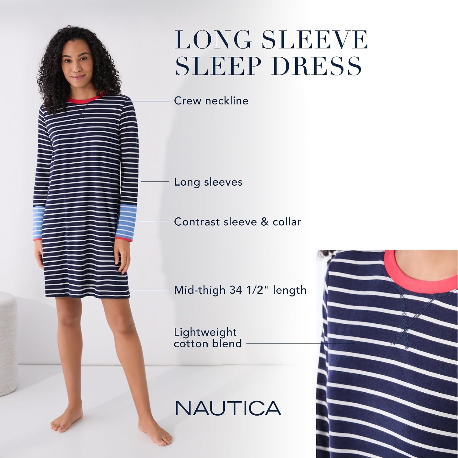 image:imageNautica Womens MidThigh Crew Neck Pajama Sleepshirt Color Block Stripe Soft Breathable Jersey CottonRayonNavy Stp