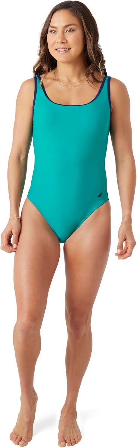 image:imageNautica Womens OnePiece Swimsuit Slimming Tummy Control Bathing Suit QuickDry Fabric Bikini SwimsuitGreen Navy
