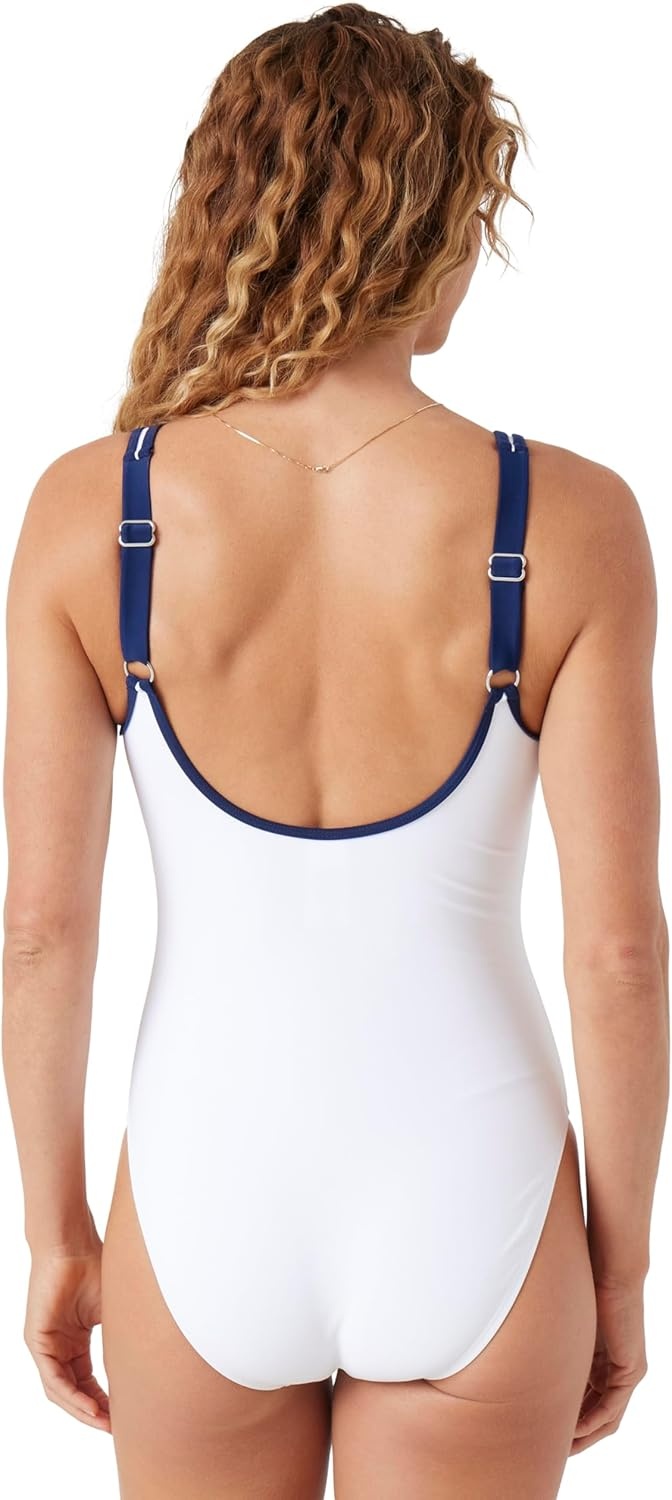 image:imageNautica Womens OnePiece Swimsuit Slimming Tummy Control Bathing Suit QuickDry Fabric Bikini SwimsuitWhite Navy