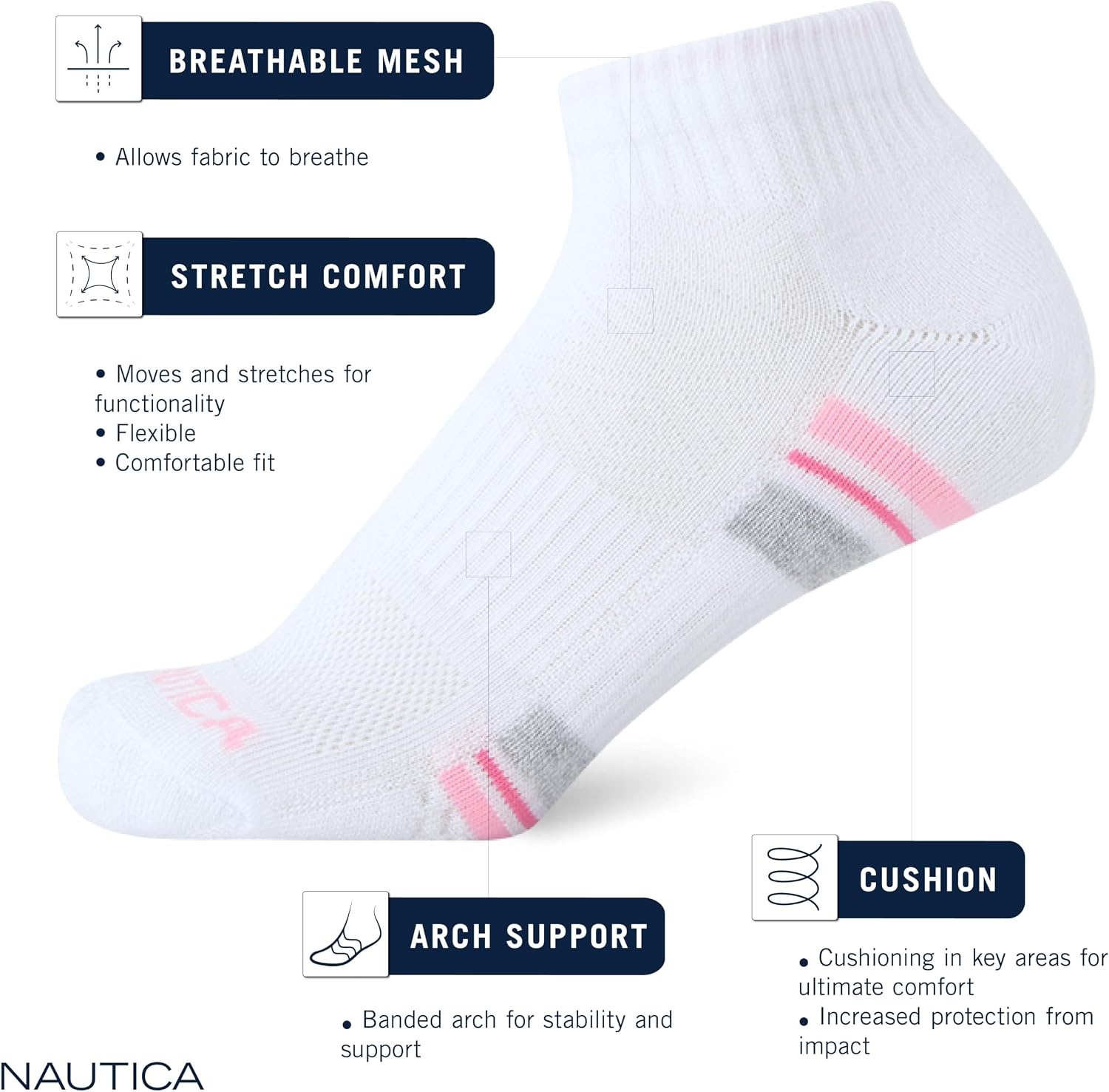 image:imageNautica Womens Quarter Cut Moisture Control Athletic Socks with Cushioned Comfort 12 PackLight Pink Black