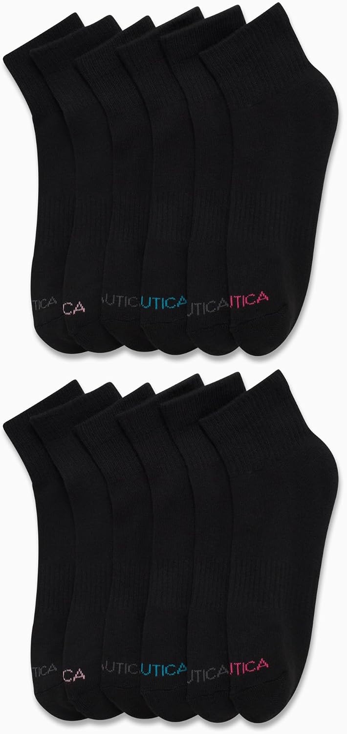 image:imageNautica Womens Quarter Socks 12 Pack Moisture Control Cushioned Athletic Socks for Women for Sport amp Gym Wear Size 410High Quarter Black