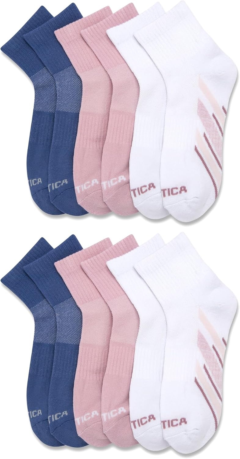image:imageNautica Womens Quarter Socks 12 Pack Moisture Control Cushioned Athletic Socks for Women for Sport amp Gym Wear Size 410High Quarter PinkWhiteBlue