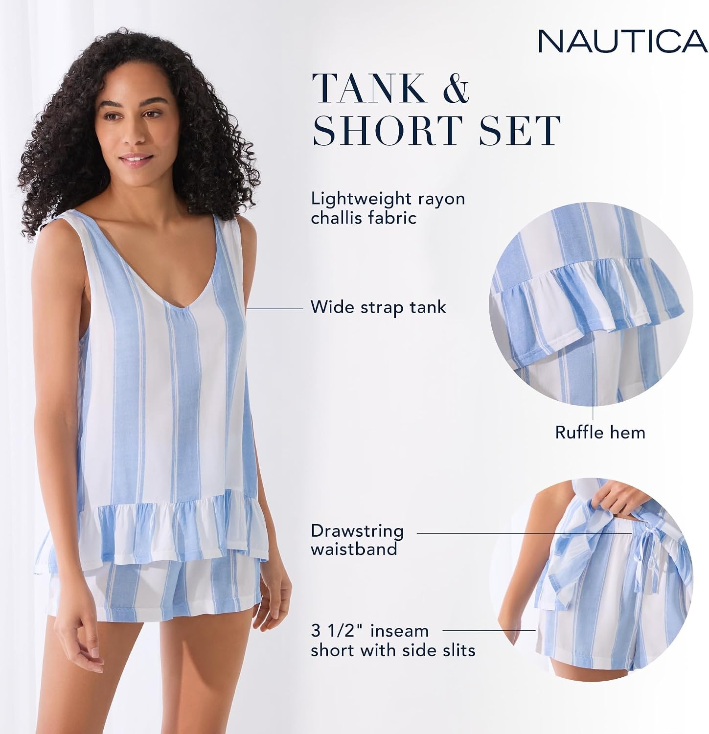 image:imageNautica Womens Short Pajama Set Summer 2 Piece Lightweight Rayon Ruffle Tank with Shorts Lounge and Sleep Sets for WomenBlue Stripe