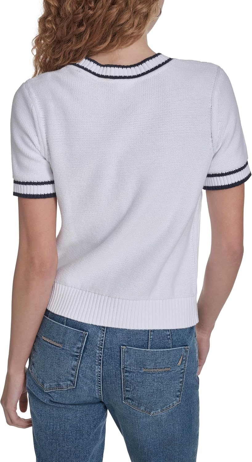 image:imageNautica Womens Short Sleeve Cable Pullover Sweater with TippingBright White Multi